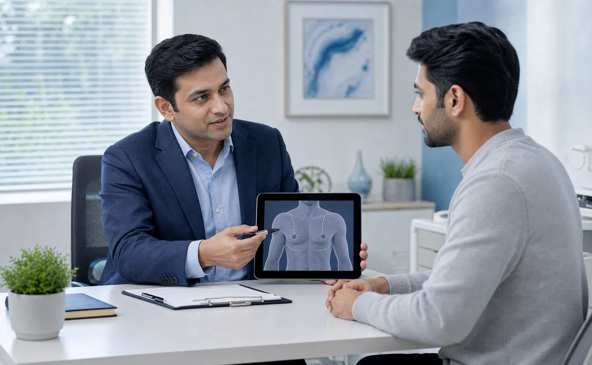 Gynecomastia treatment consultation in a private clinic setting